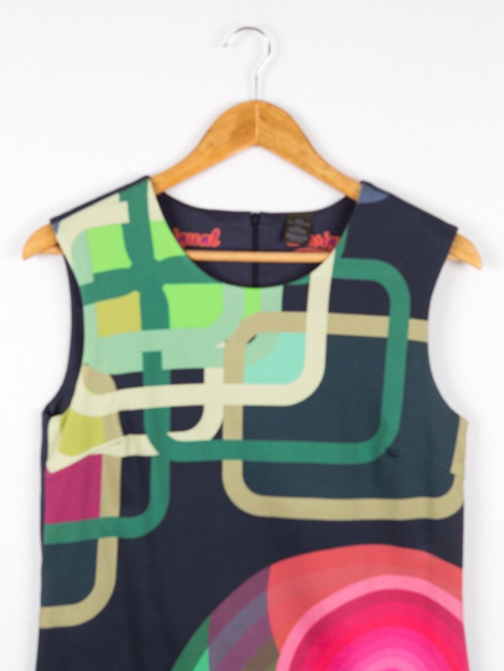 Desigual Retro Geometric Target Shift Dress Navy Blue Cotton Blend Size US 8 - Picture 2 of 12
